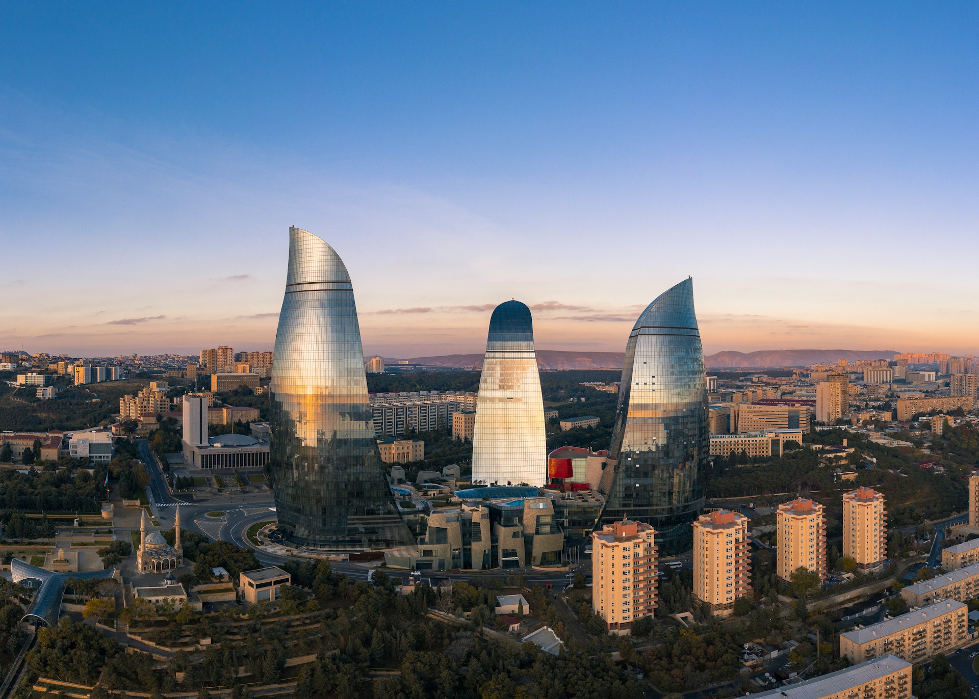 The Flame Towers above Baku’s skyline at sunset