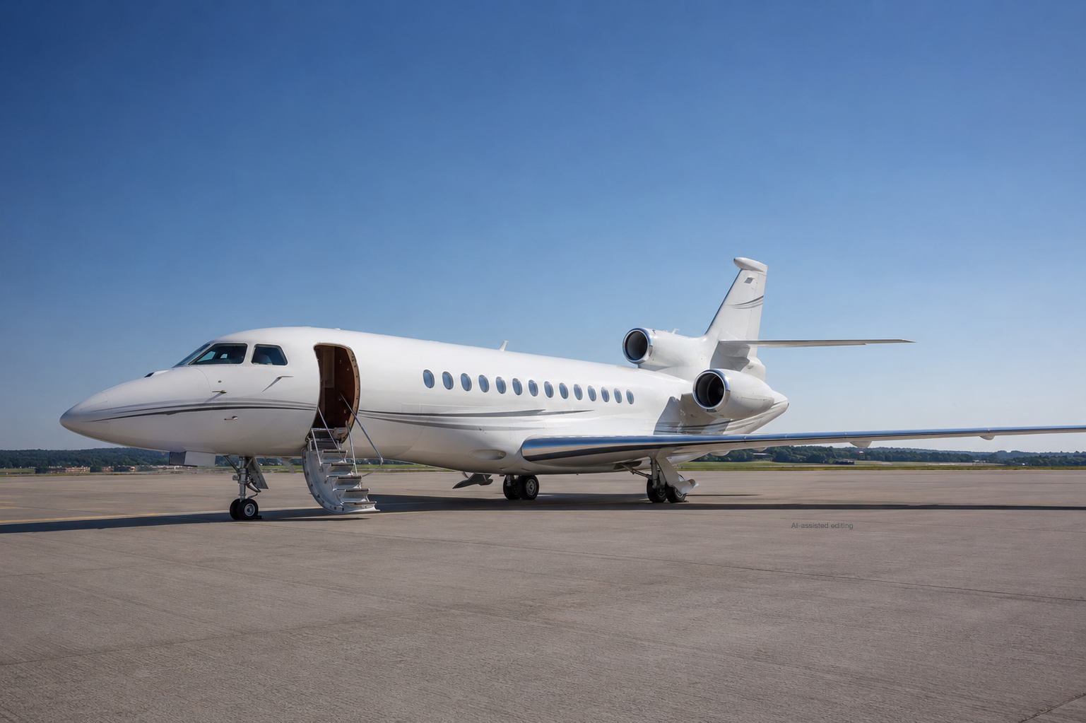 A Lohn Aviation Group Falcon 8X private jet on an airport apron before an international business flight.