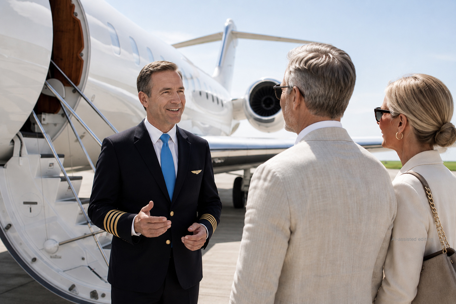 A Lohn Aviation captain welcomes two guests beside a private jet on an airport apron.
