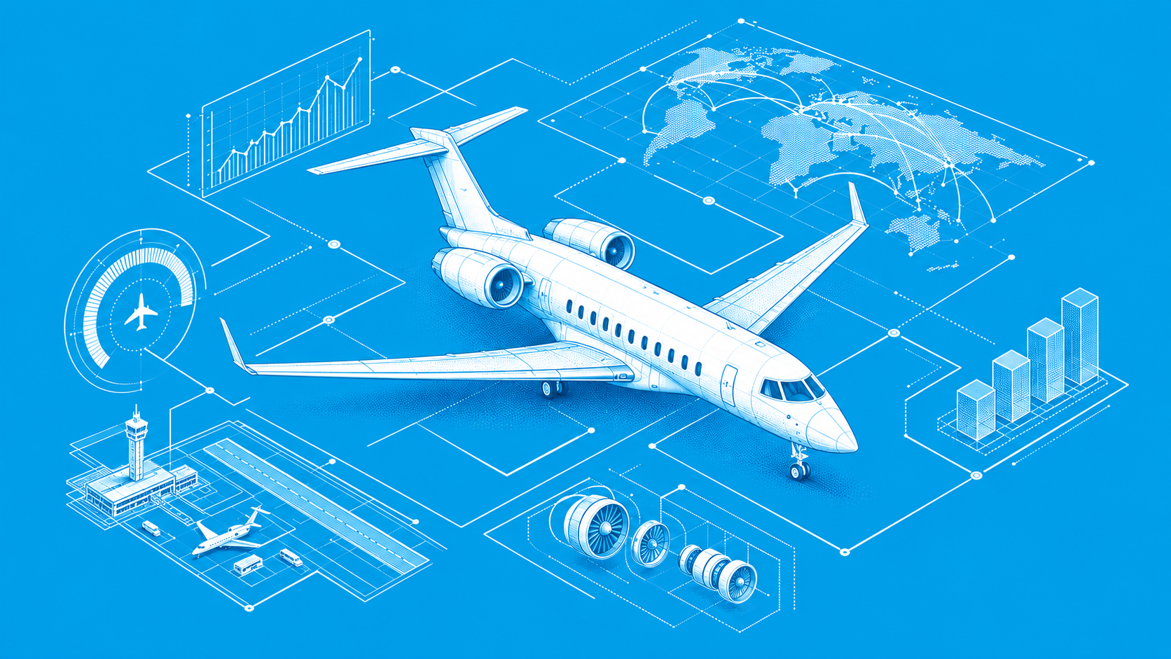 Illustration of a business jet with market data graphics